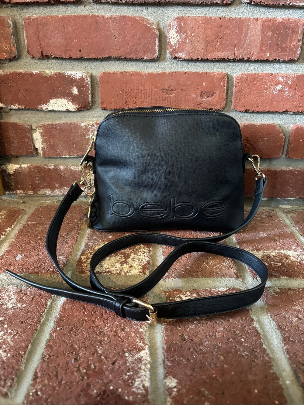 bebe Black Embossed Faux Leather Crossbody Bag with Gold Hardware